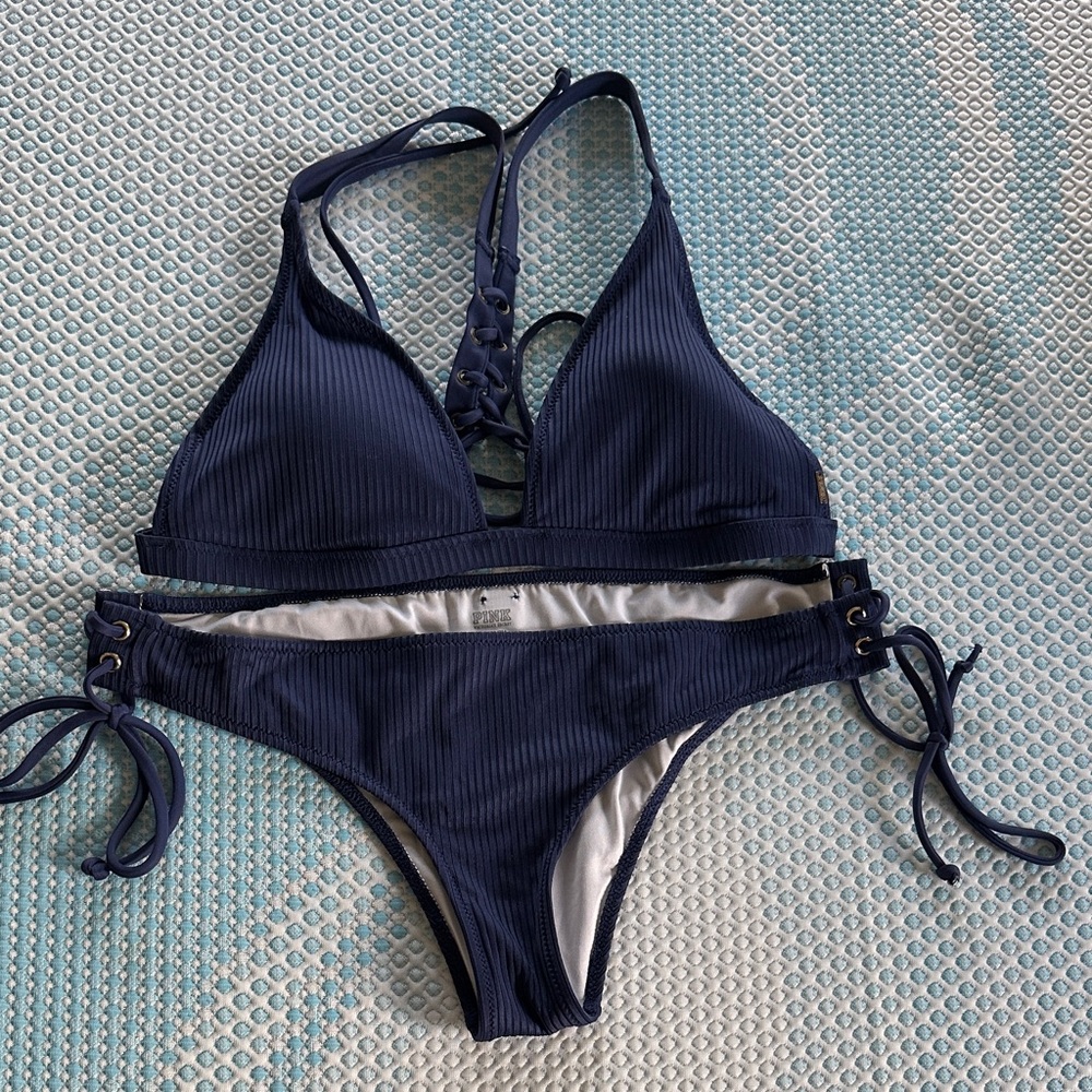 PINK Navy Blue Women's Swim Bikini Set Medium